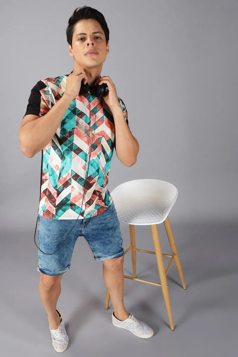 Men's Cotton Geometric Print T-shirt - Multicolor