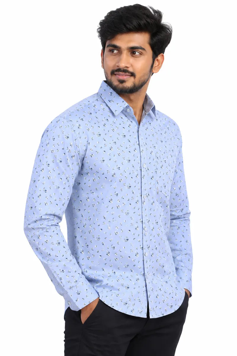 Men's Cotton Floral Print Shirt - Sky Blue