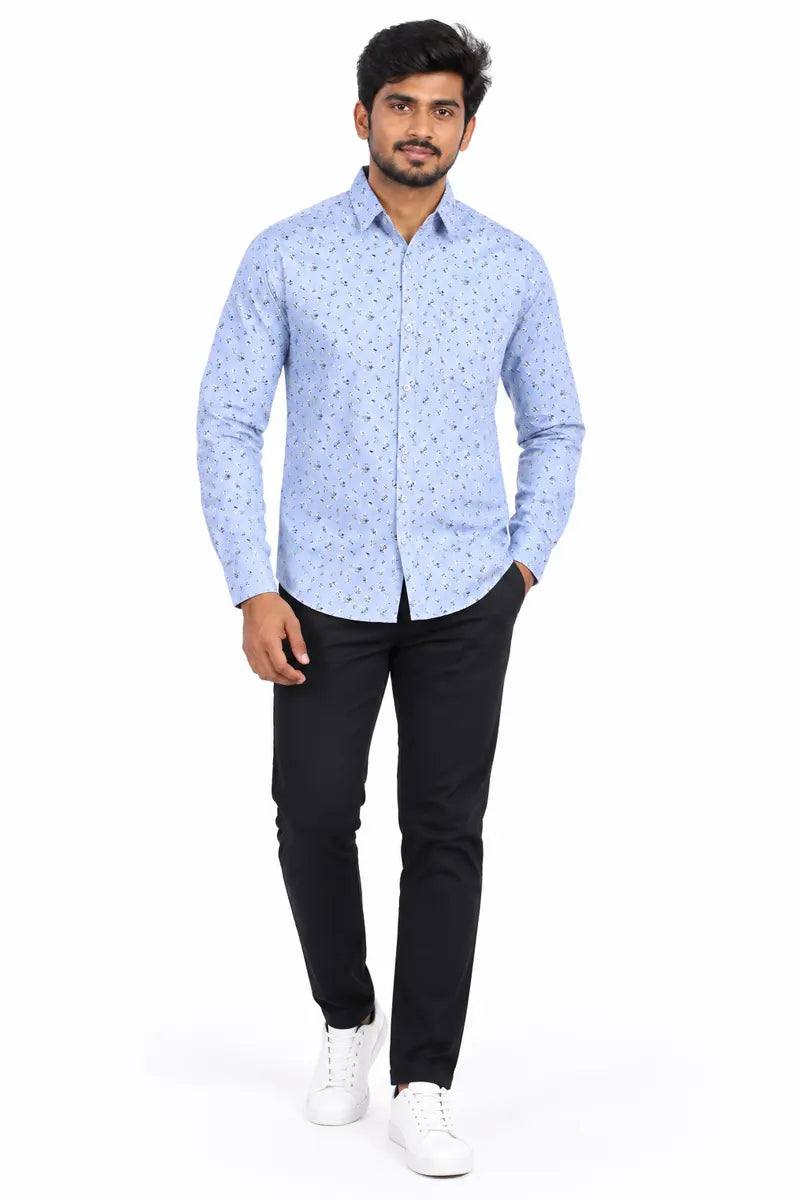 Men's Cotton Floral Print Shirt - Sky Blue