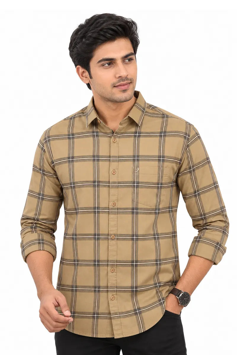 Cotton Checkered Shirt for Men - JakJow (Style oxf000876) - Dark Khaki