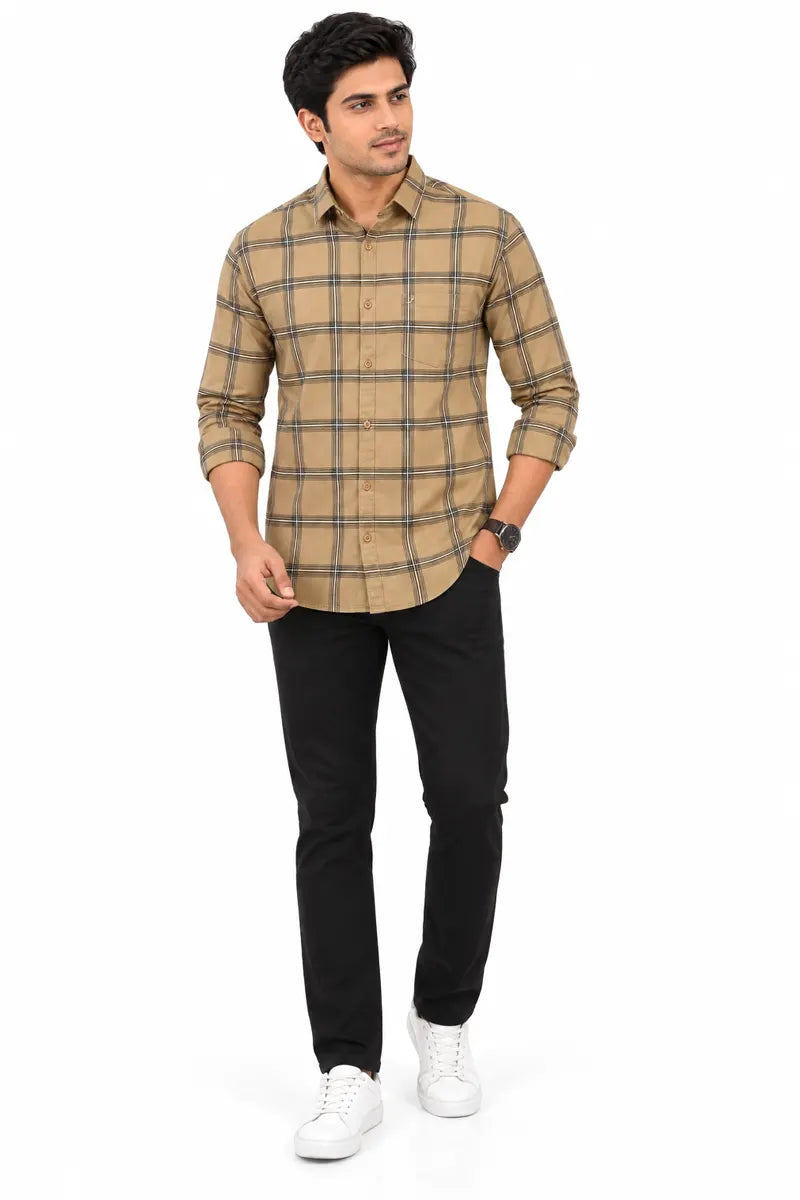Cotton Checkered Shirt for Men - JakJow (Style oxf000876) - Dark Khaki