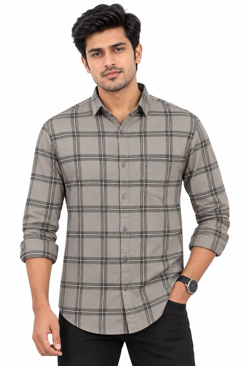 Men's Cotton Checkered Shirt - Grey