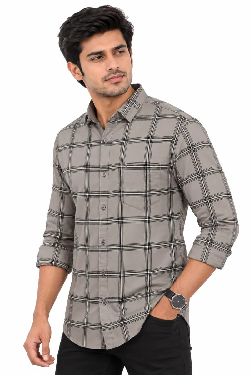 Men's Cotton Checkered Shirt - Grey