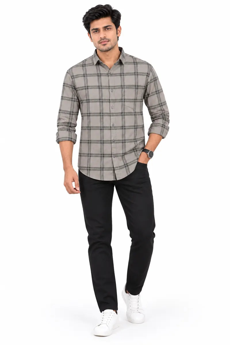 Men's Cotton Checkered Shirt - Grey