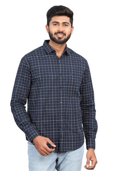 Men's Cotton Checkered Shirt - JakJow (Style cot000883) - Navy Blue