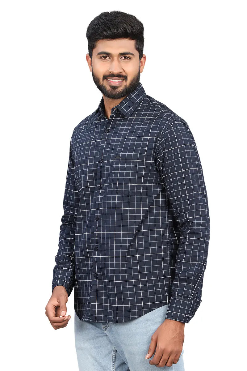 Men's Cotton Checkered Shirt - JakJow (Style cot000883) - Navy Blue