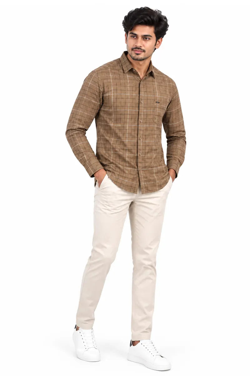 Cotton Checkered Shirt for Men - JakJow (Style cot000884) - Dark Khaki