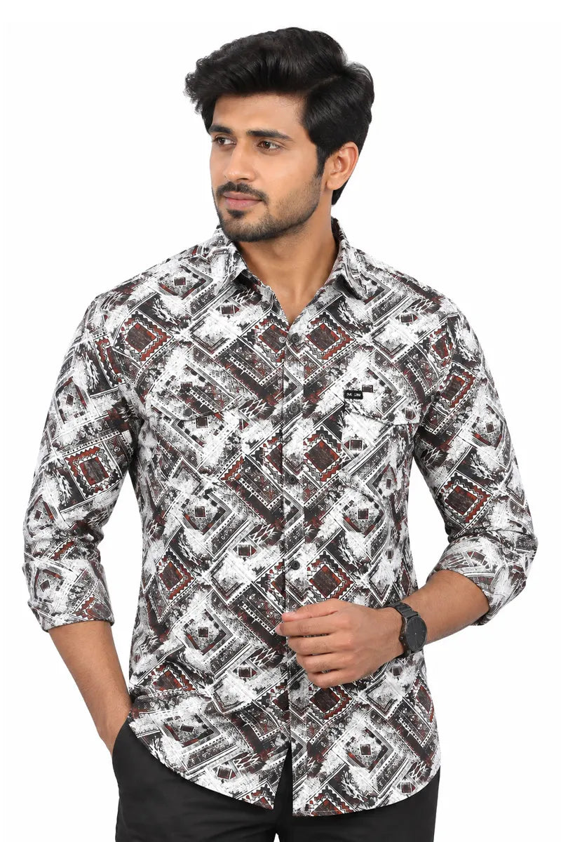 Abstract Print Casual Shirt for Men - White