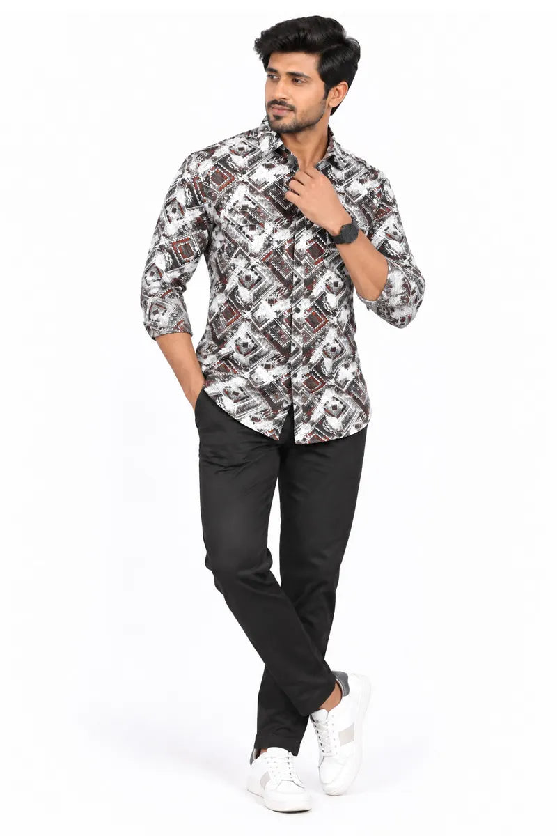 Abstract Print Casual Shirt for Men - White