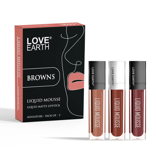 Love Earth Liquid Mousse Lipstick Browns Matte Finish Mini Combo Pack | Lightweight, Non-Sticky, Non-Drying,Transferproof, Waterproof Lipstick Set | (2Ml X 3) 6ML