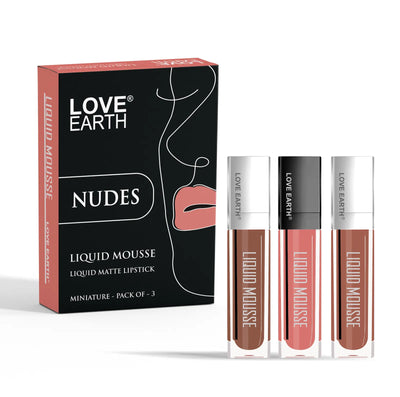Love Earth Liquid Mousse Lipstick Nudes Matte Finish Mini Combo Pack | Lightweight, Non-Sticky, Non-Drying,Transferproof, Waterproof Lipstick Set | (2Ml X 3) 6ML
