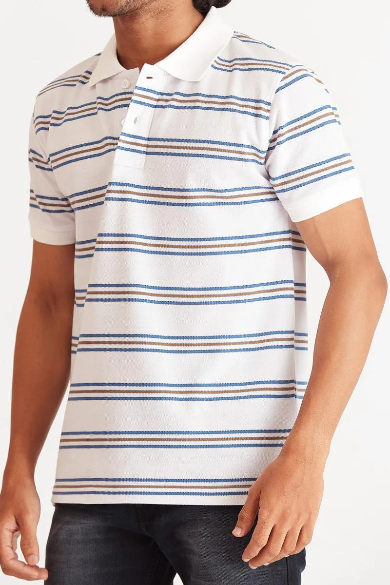 Cotton Striped Polo T-shirt for Men - Bearstand (Style cot002007) - White