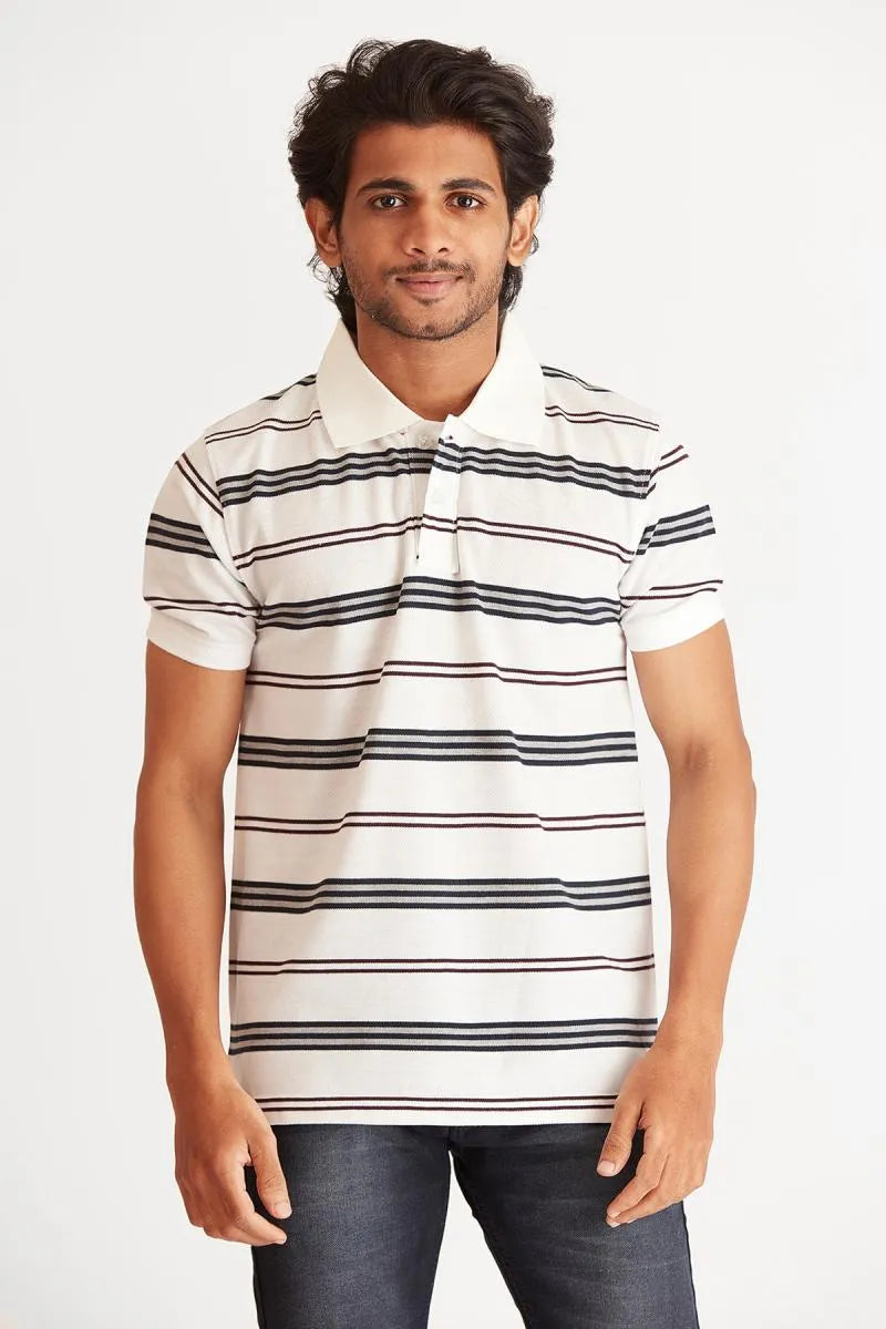 Men's Cotton Striped Polo T-shirt - Bearstand (Style cot002016) - White