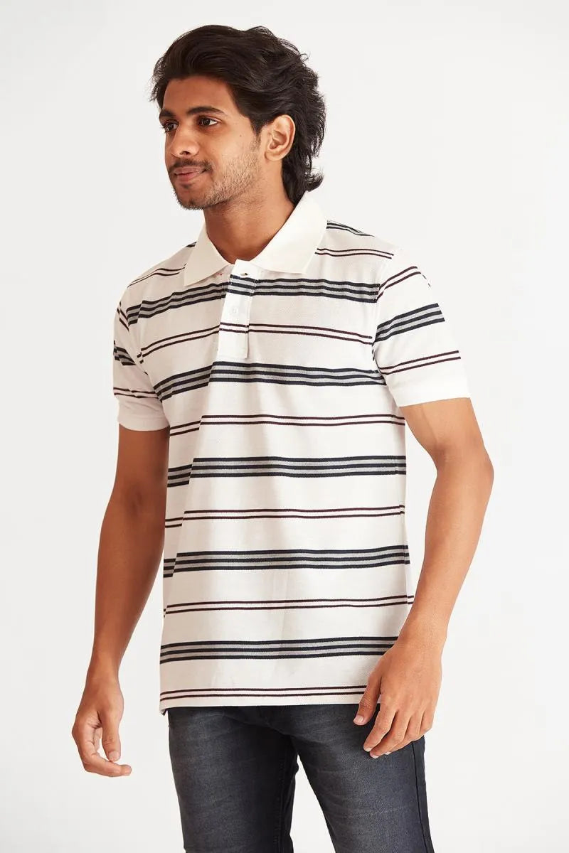 Men's Cotton Striped Polo T-shirt - Bearstand (Style cot002016) - White