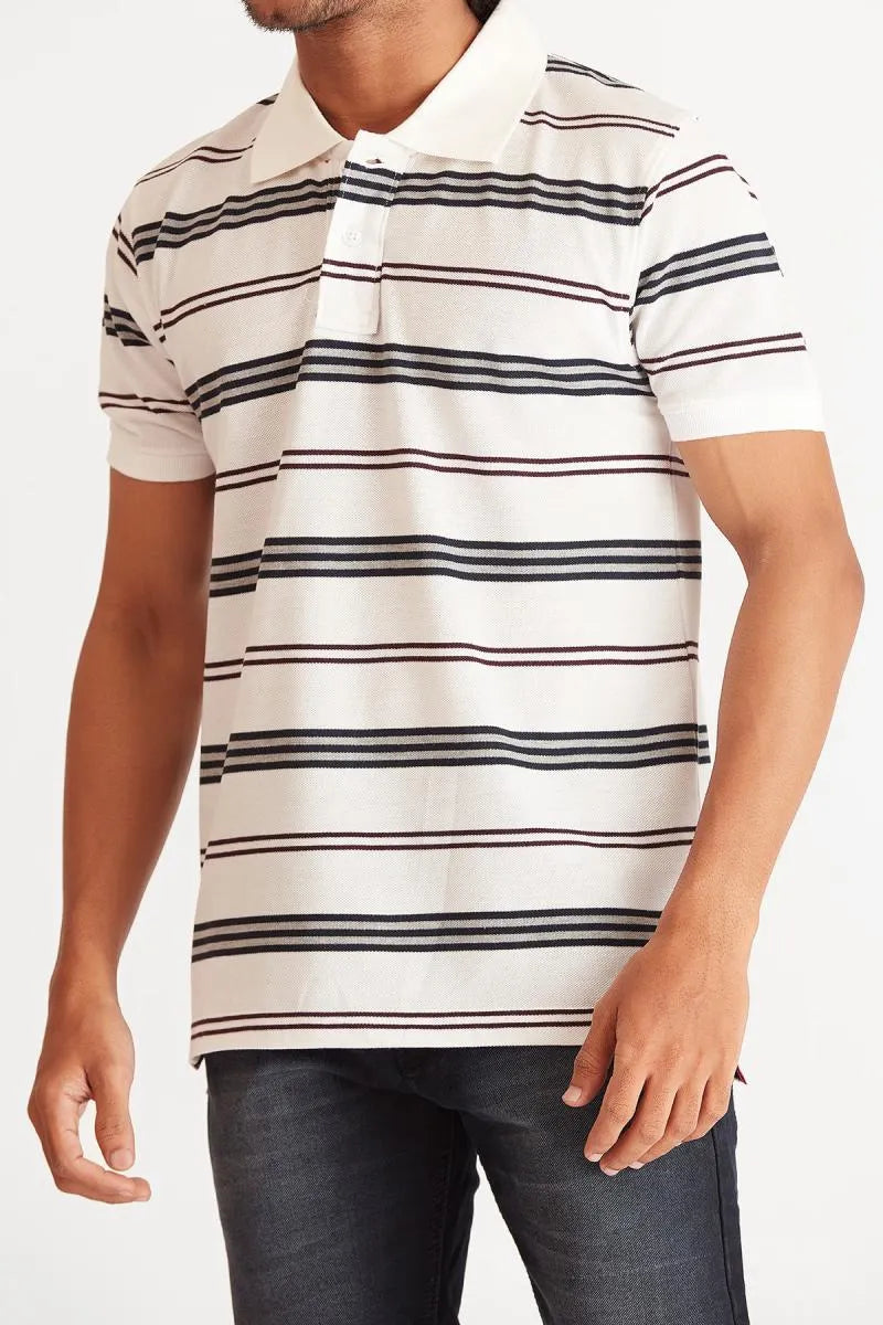 Men's Cotton Striped Polo T-shirt - Bearstand (Style cot002016) - White