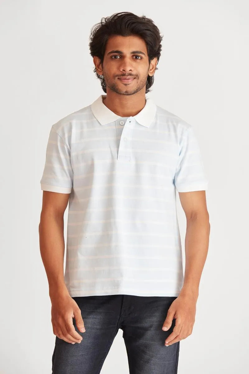Men's Cotton Striped Polo T-shirt - Bearstand (Style cot002018) - Sky Blue