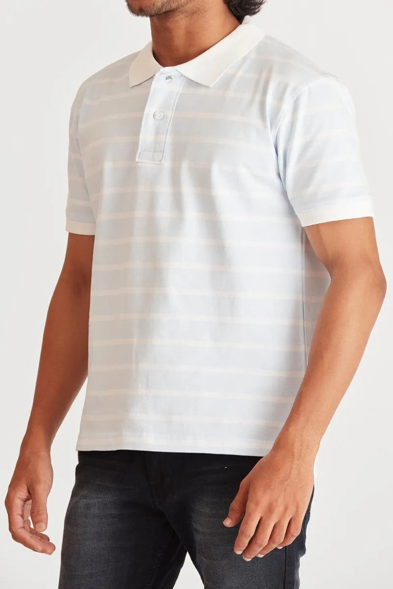 Men's Cotton Striped Polo T-shirt - Bearstand (Style cot002018) - Sky Blue