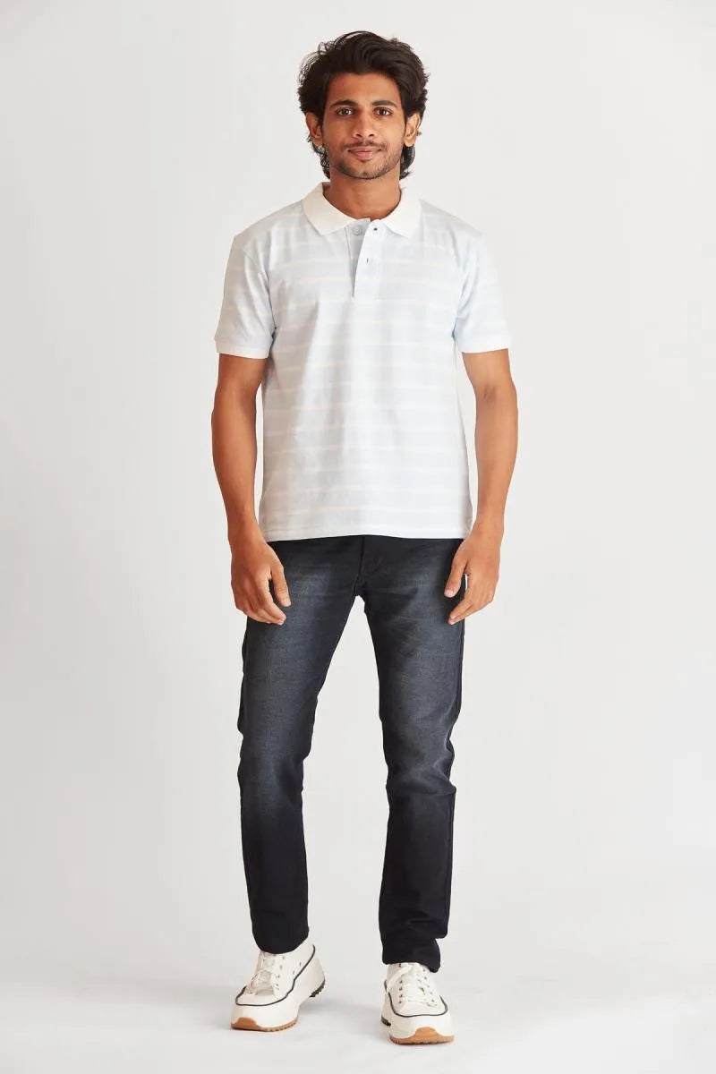 Men's Cotton Striped Polo T-shirt - Bearstand (Style cot002018) - Sky Blue