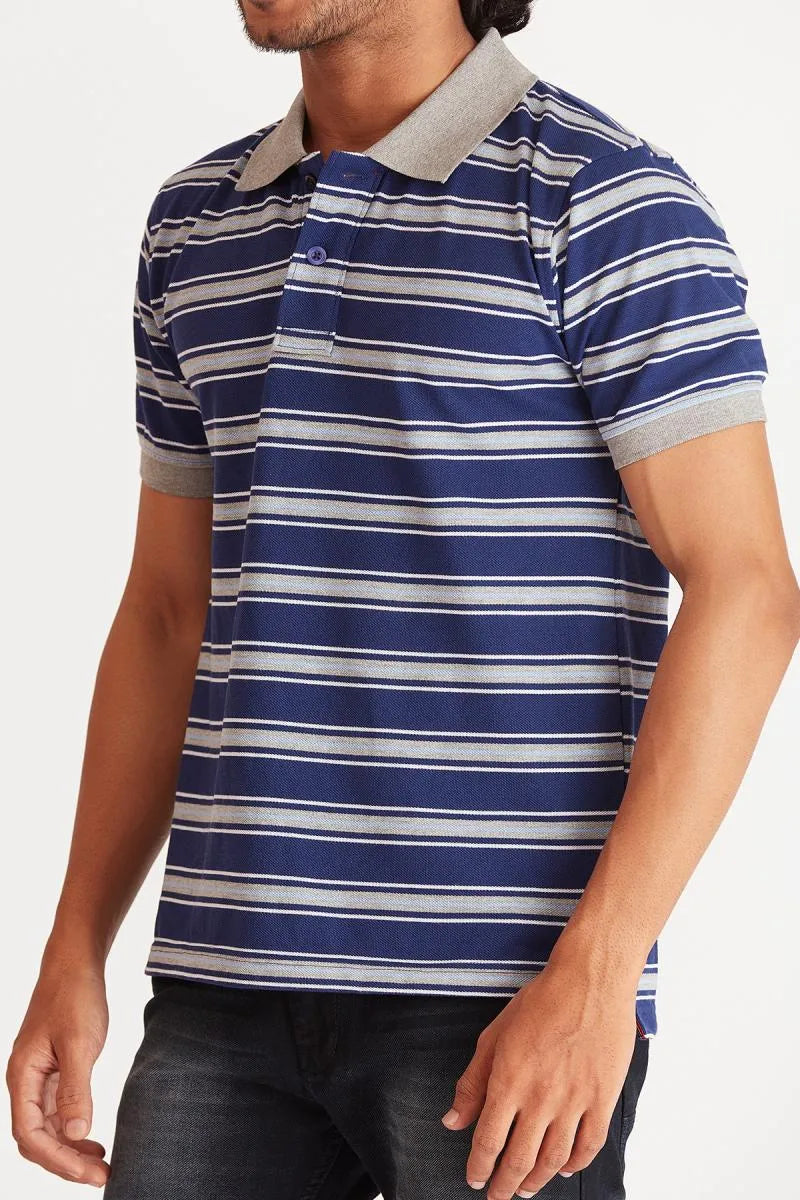 Cotton Striped Polo T-shirt for Men - Bearstand (Style cot002021) - Navy Blue