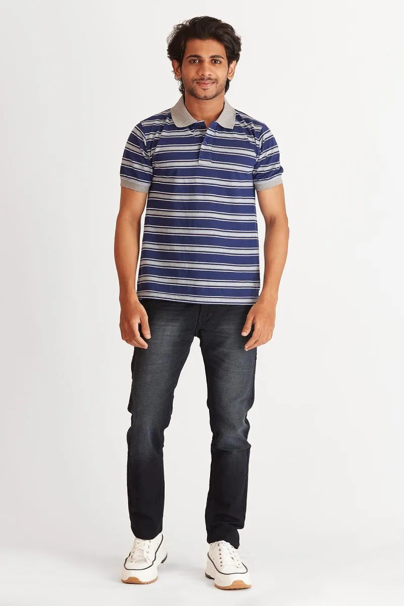 Cotton Striped Polo T-shirt for Men - Bearstand (Style cot002021) - Navy Blue