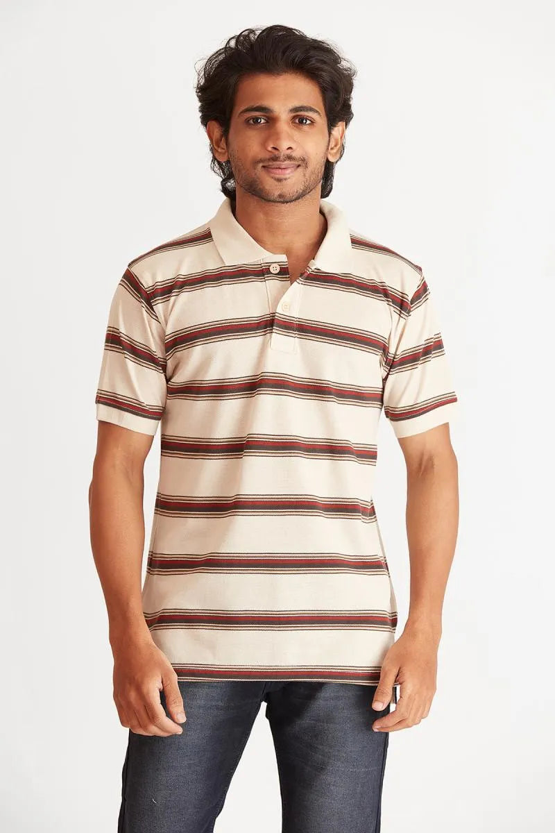 Cotton Striped Polo T-shirt for Men - Bearstand (Style cot002024) - Beige