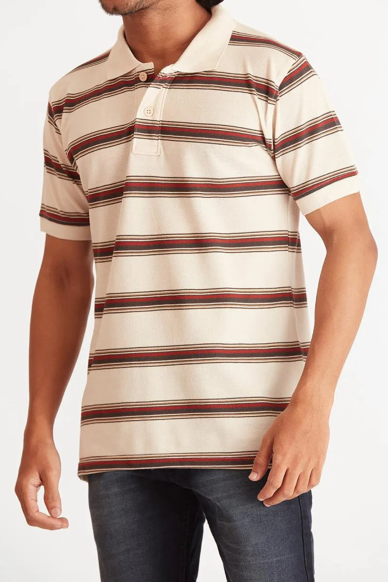 Cotton Striped Polo T-shirt for Men - Bearstand (Style cot002024) - Beige
