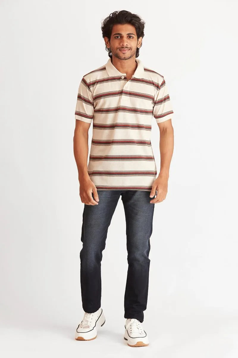 Cotton Striped Polo T-shirt for Men - Bearstand (Style cot002024) - Beige