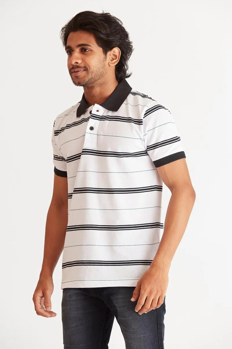 Men's Cotton Striped Polo T-shirt - Bearstand (Style cot002059) - White