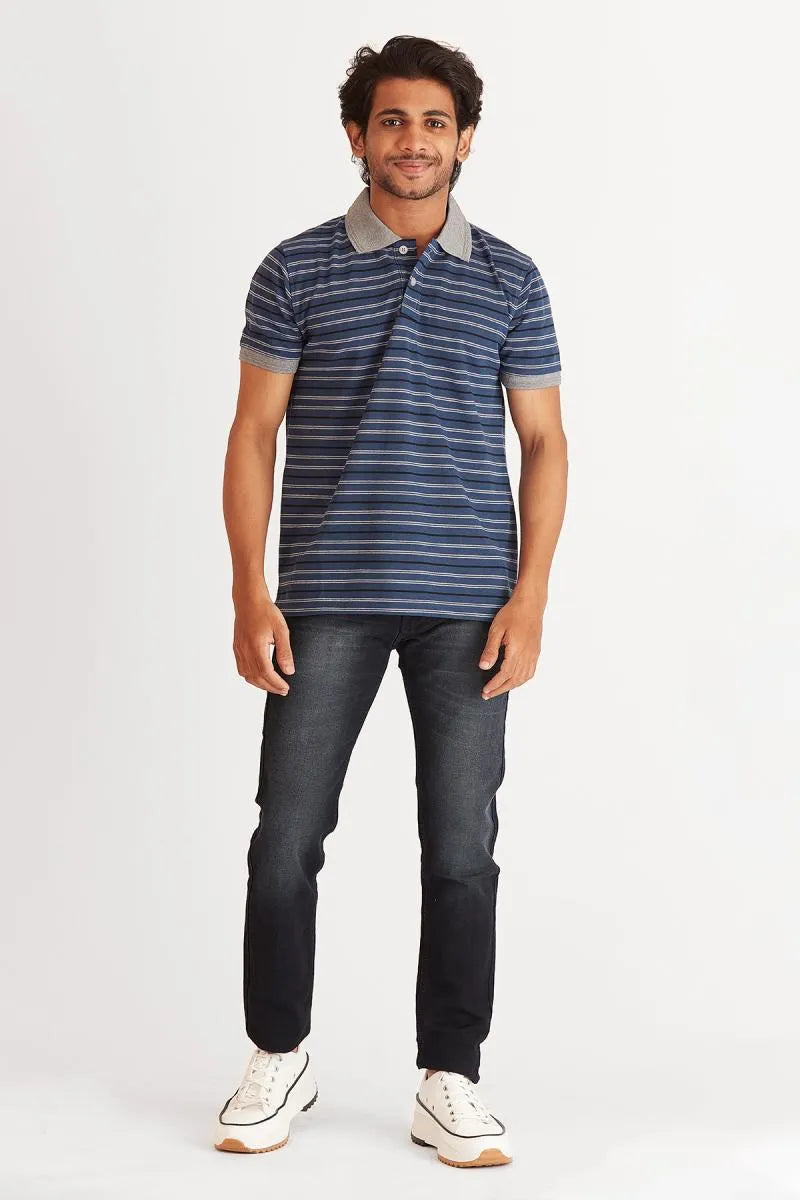 Cotton Striped Polo Neck T-Shirt for Men - Navy Blue