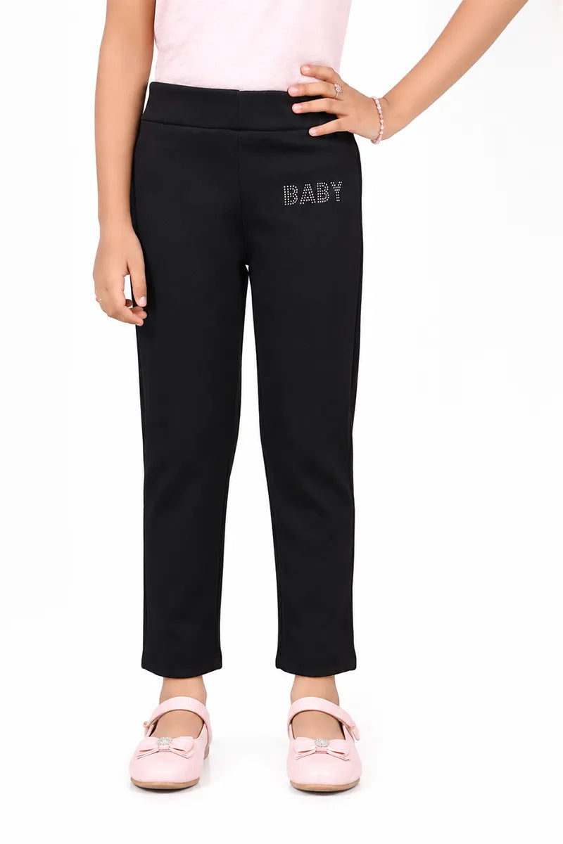 Girl's Lycra Blend Solid Pattern Jeggings - Black - View 1