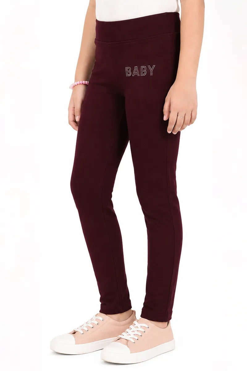 Girl's Lycra Blend Solid Pattern Jeggings - Maroon - View 14