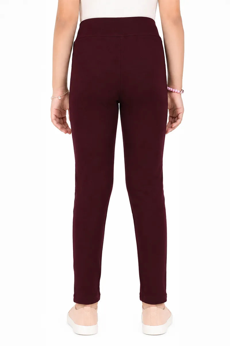 Girl's Lycra Blend Solid Pattern Jeggings - Maroon - View 15