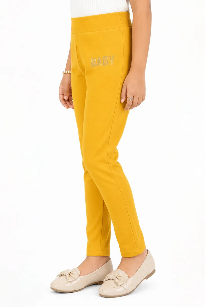 Girl's Lycra Blend Solid Pattern Jeggings - Mustard - View 18