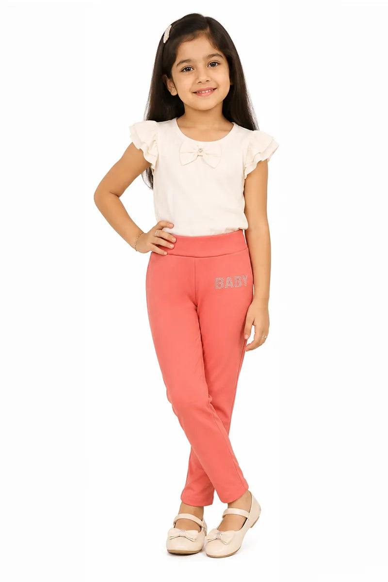 Girl's Lycra Blend Solid Pattern Jeggings - Peach - View 28