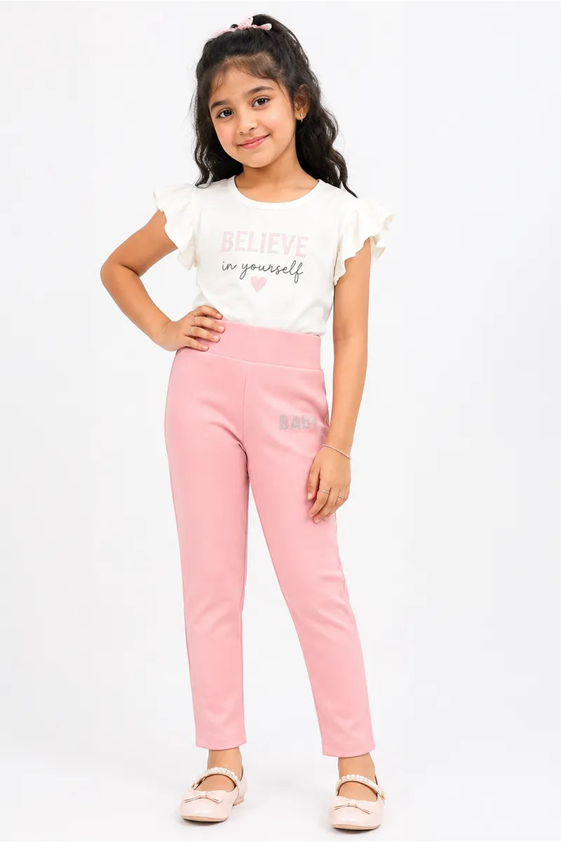 Girl's Lycra Blend Solid Pattern Jeggings - Pink - View 32