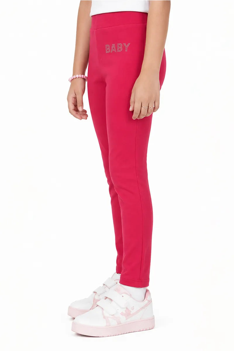 Girl's Lycra Blend Solid Pattern Jeggings - Red - View 34