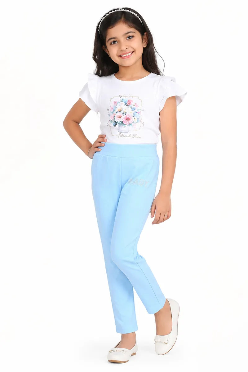 Girl's Lycra Blend Solid Pattern Jeggings - Sky Blue - View 40