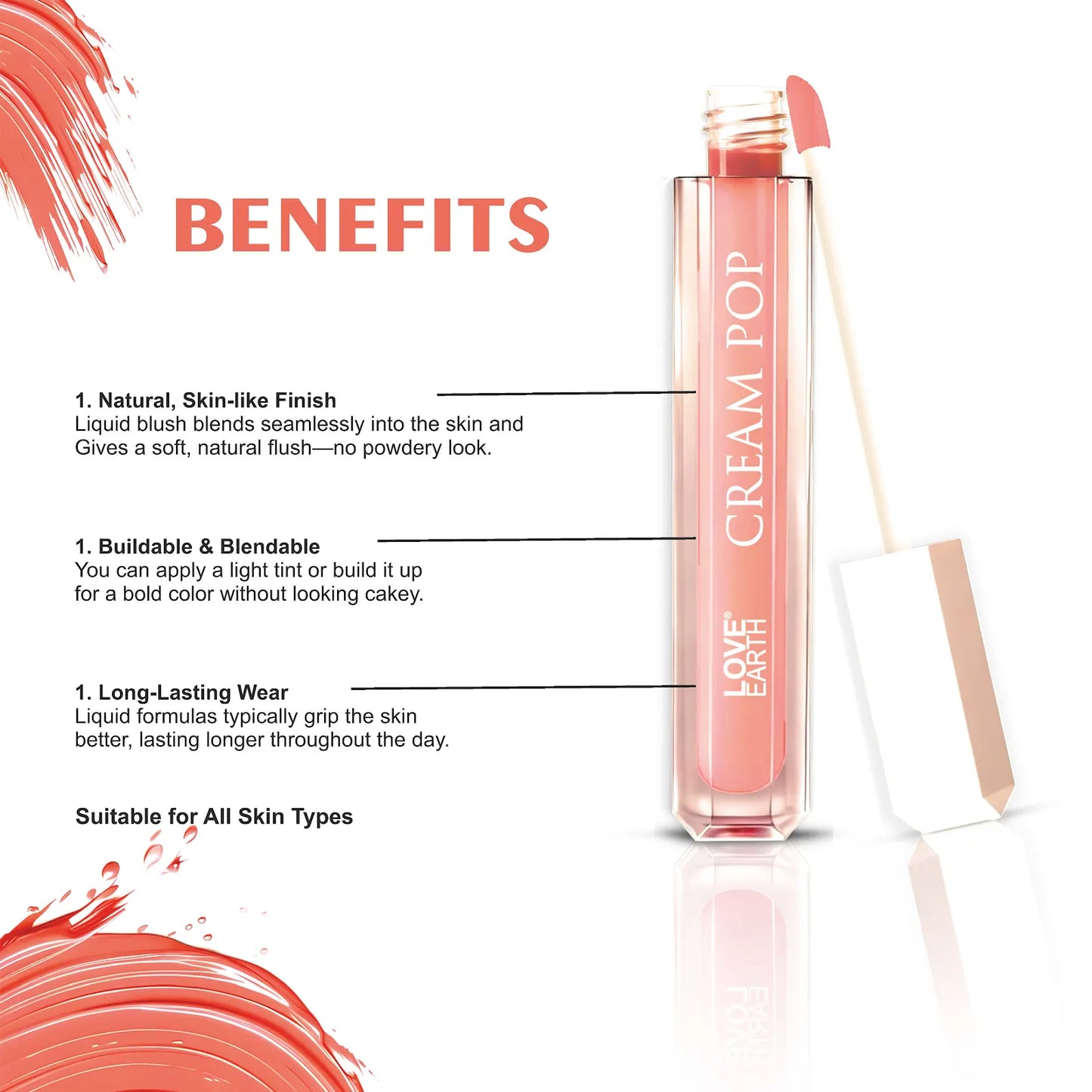 Love Earth Cream Pop Blush - Garnet| Hyaluronic Acid | Smooth, Lightweight, Long-Lasting | Dewy Finish, Easily Blendable| Everyday Natural Glow | Suitable for All Skin Types -2ML