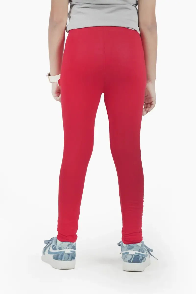 Girl's Cotton Lycra Blend Solid Leggings - Red - View 14