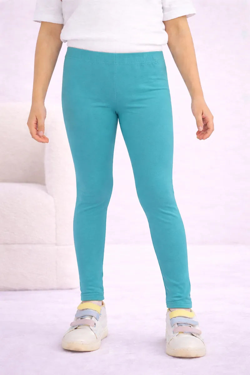 Girl's Cotton Lycra Blend Solid Leggings - Blue - View 4