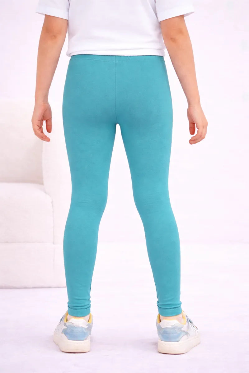 Girl's Cotton Lycra Blend Solid Leggings - Blue - View 5