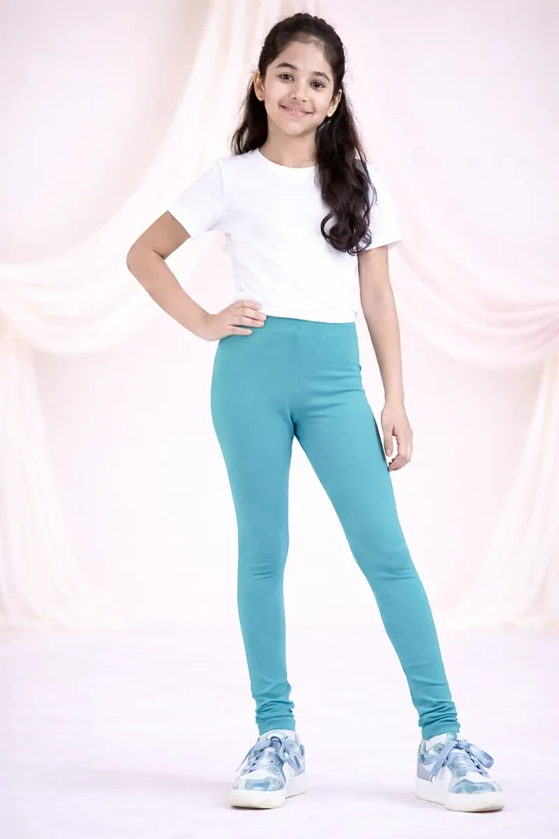 Girl's Cotton Lycra Blend Solid Leggings - Blue - View 6