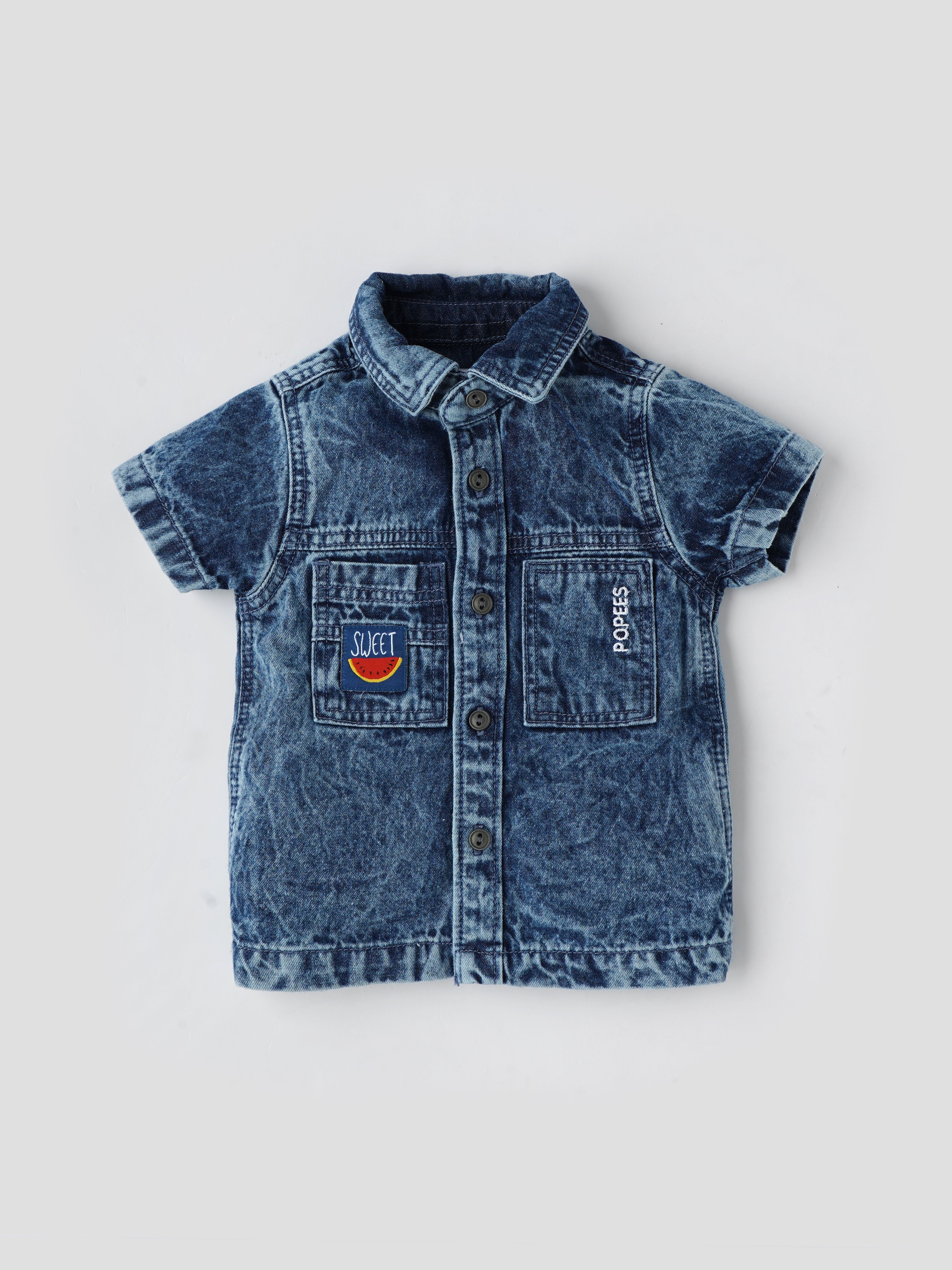 Popees Baby Boys Denim Short Sleeve Shirt| Blue| 0-9 Months - Image 1