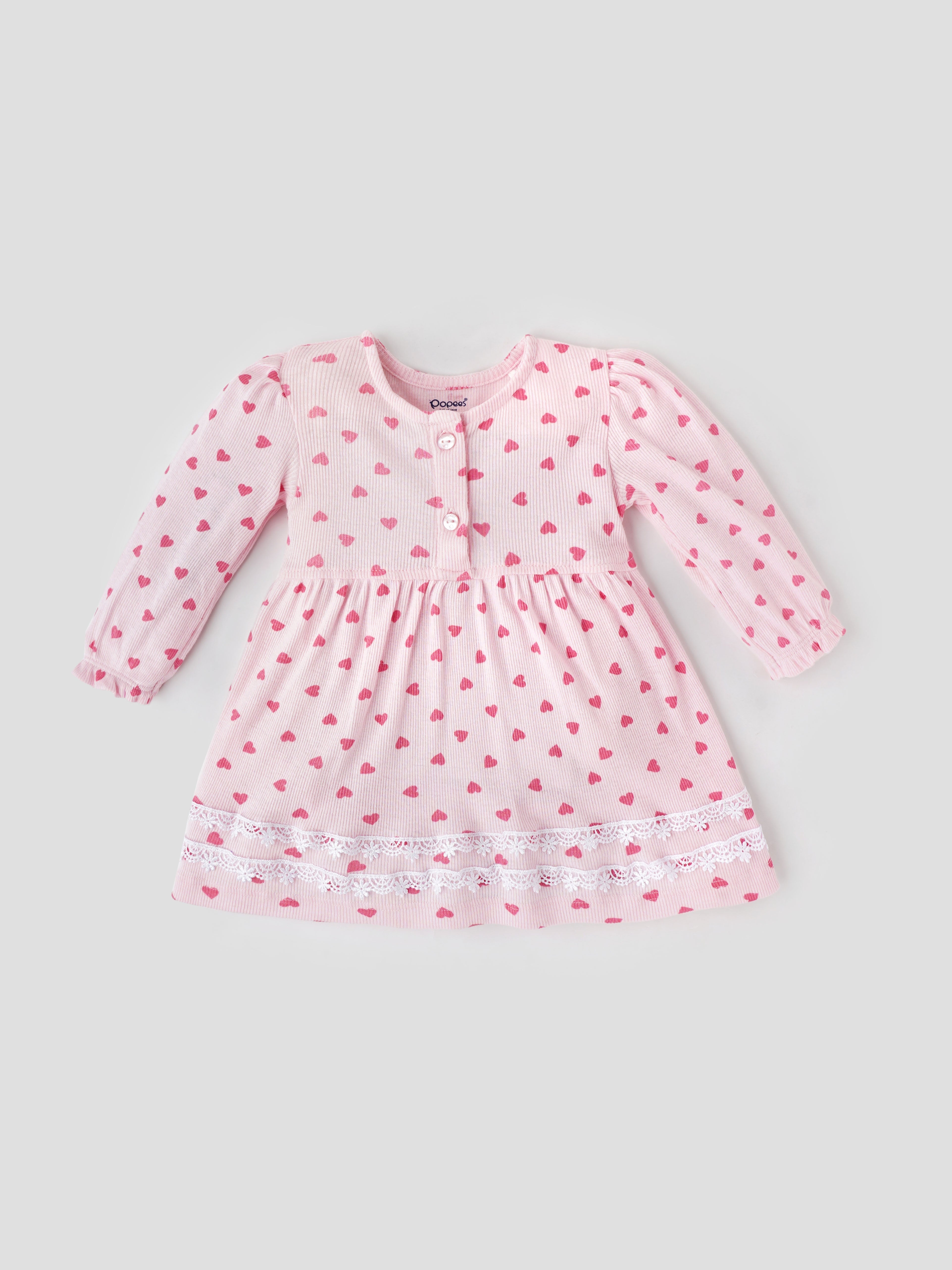 Popees Full Sleeve Front Open Frock (0–9 Months) – Soft & Stylish Heart-Print Dress for Baby Girls - Image 1