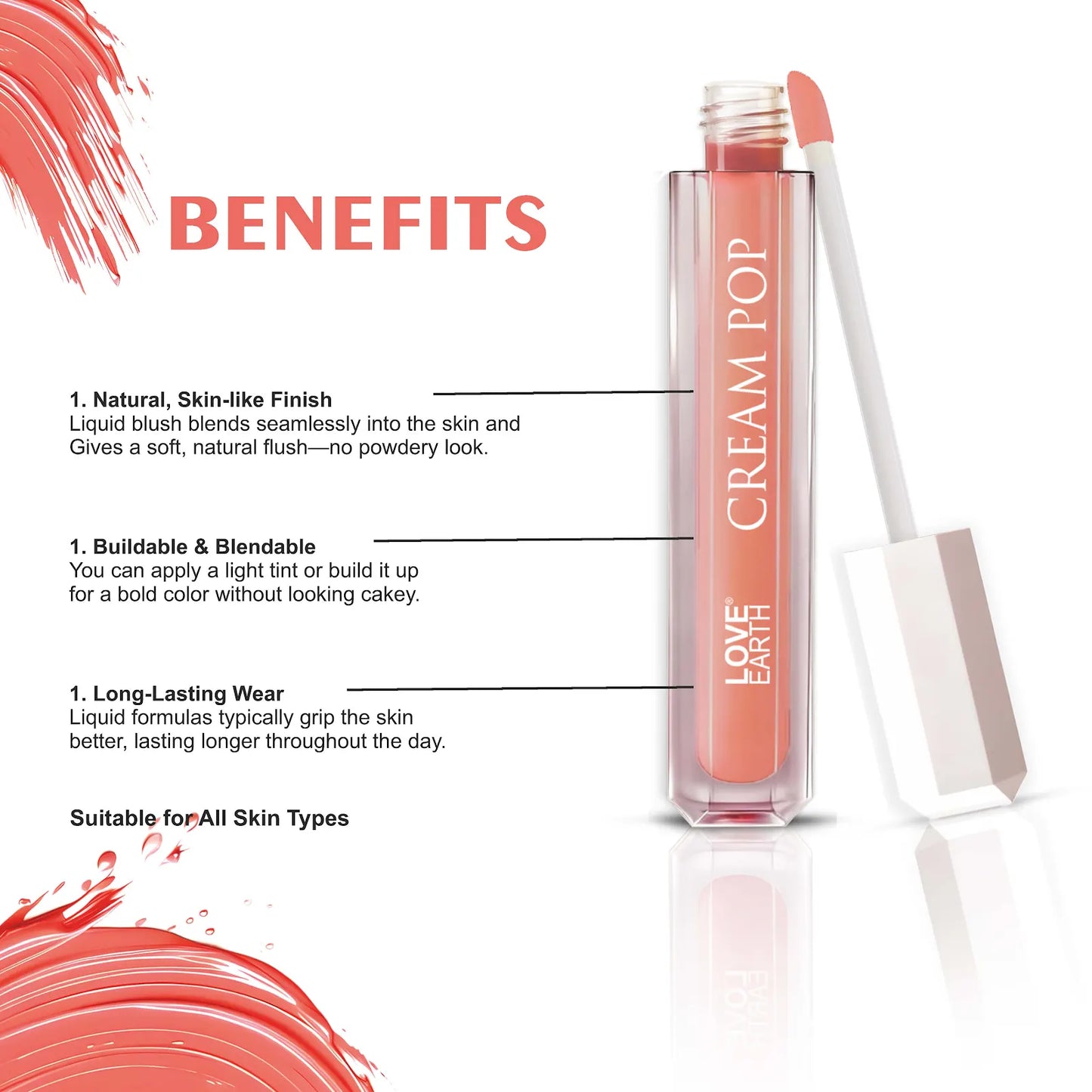 Love Earth Cream Pop Blush - Zinnia| Hyaluronic Acid | Smooth, Lightweight, Long-Lasting | Dewy Finish, Easily Blendable| Everyday Natural Glow | Suitable for All Skin Types -2ML