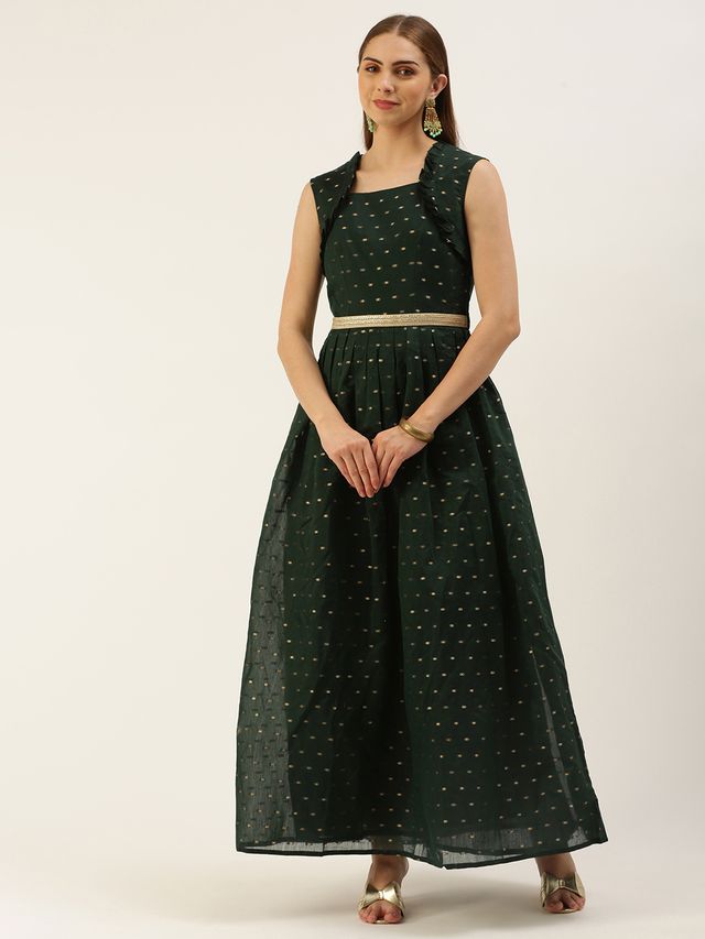 Bollywood Vogue Ready To Wear Teal Green Art Silk Cotton Jacquard Dress