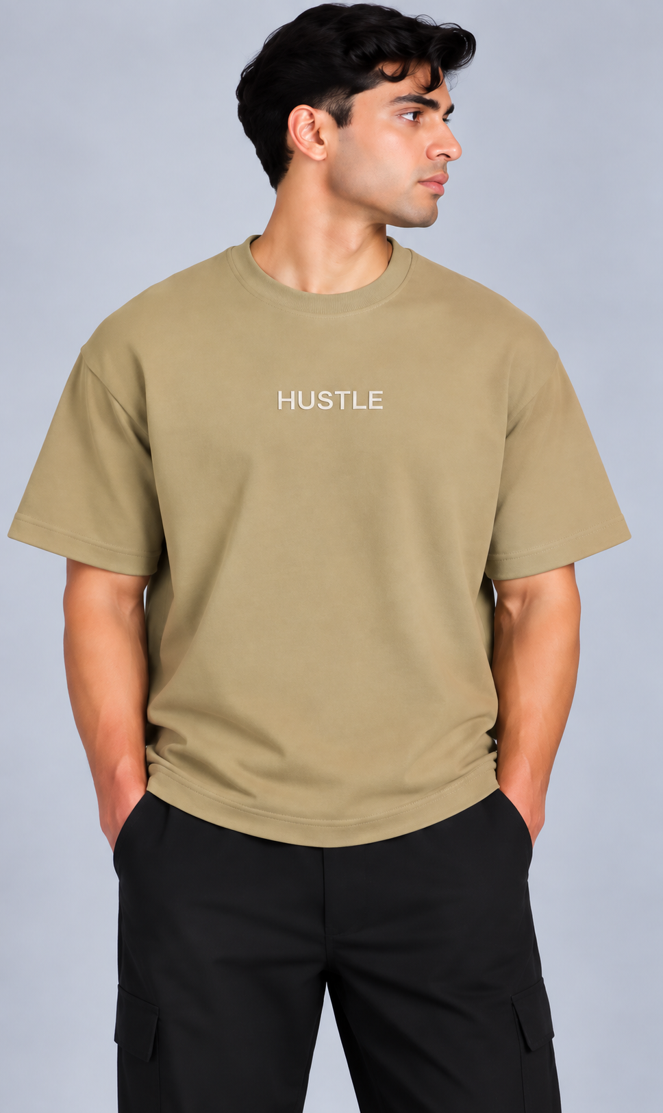 HUSTLE Men's Crew Neck Oversized T-Shirt – Mushroom Beige