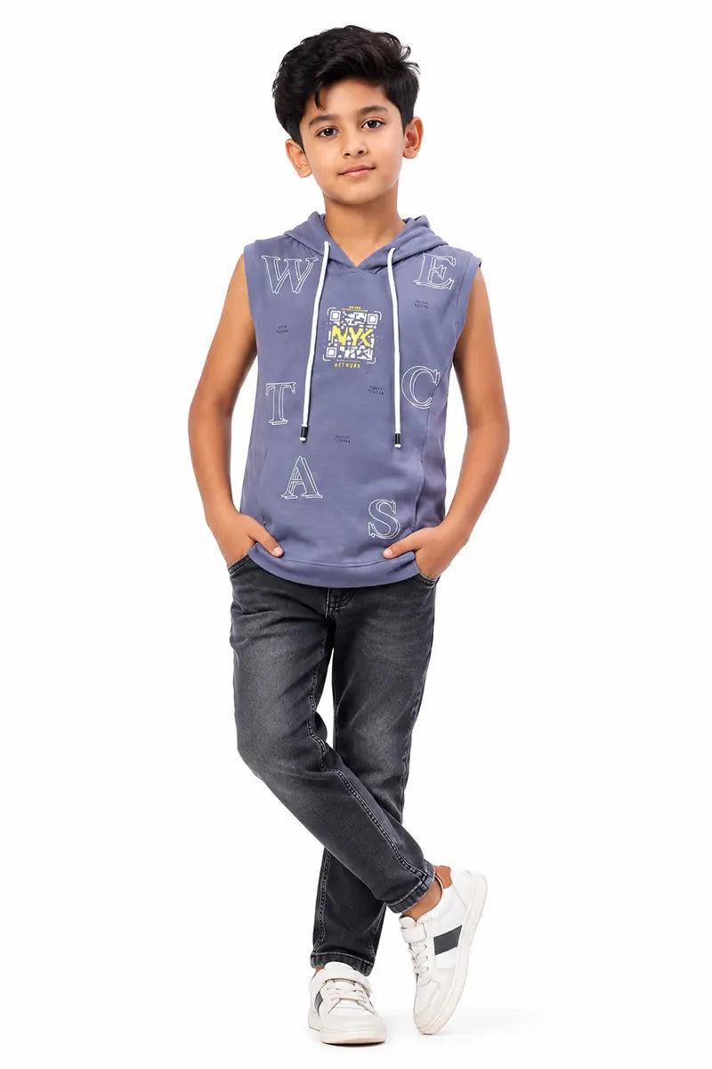 Cotton Printed Hoodie for Boy - Steel Blue - View 4