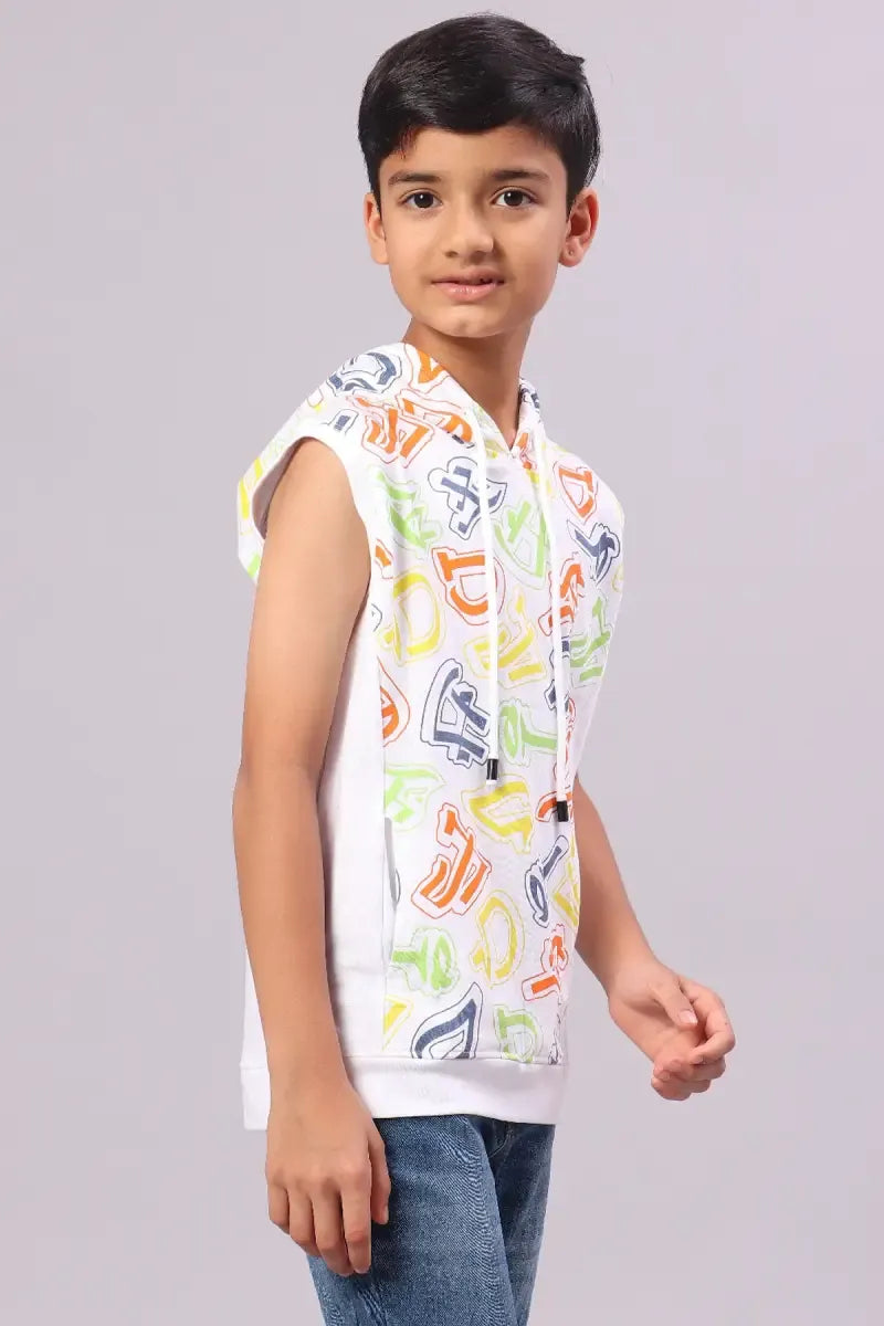Boy's Cotton Printed Hoodie - White - View 2
