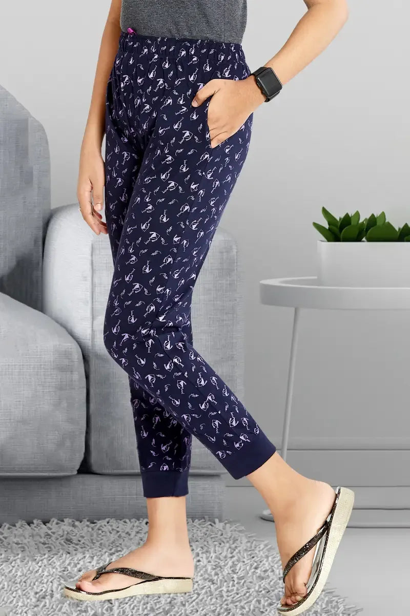 Girl's Cotton Hosiery Printed Track Pant - Oxford Blue - View 1